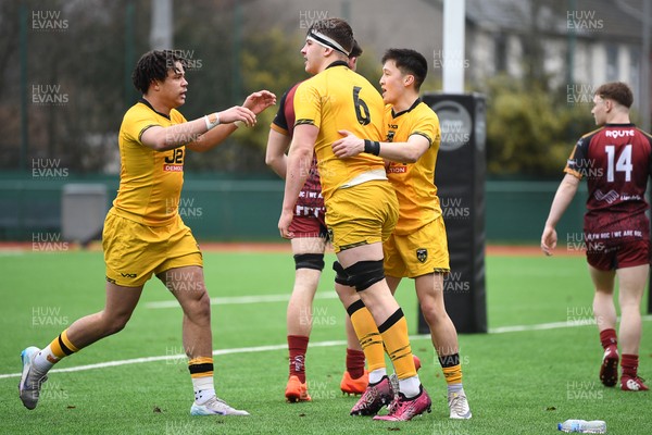 250126 - Dragons RFC U18 v RGC U18 - Troy Reymond of Dragons celebrates scoring a try with team mates