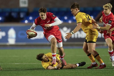 120226 - Dragons RFC U18 v Scarlets U18, WRU Regional Age Grade Championship 3rd and 4th place play off - Cole Inker of Scarlets breaks away