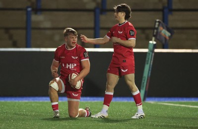 120226 - Dragons RFC U18 v Scarlets U18, WRU Regional Age Grade Championship 3rd and 4th place play off - Jac Cloke of Scarlets dives in to score try
