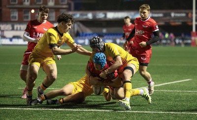 120226 - Dragons RFC U18 v Scarlets U18, WRU Regional Age Grade Championship 3rd and 4th place play off - Ryan Lanfear of Scarlets powers over to score try