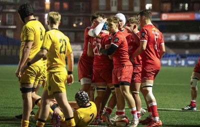 120226 - Dragons RFC U18 v Scarlets U18, WRU Regional Age Grade Championship 3rd and 4th place play off - Ryan Lanfear of Scarlets is congratulated after he powers over to score try