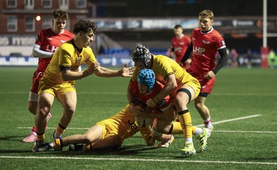 120226 - Dragons RFC U18 v Scarlets U18, WRU Regional Age Grade Championship 3rd and 4th place play off - Ryan Lanfear of Scarlets powers over to score try