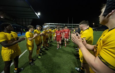 120226 - Dragons RFC U18 v Scarlets U18, WRU Regional Age Grade Championship 3rd and 4th place play off - The teams applaud each other off the pitch at the end of the match