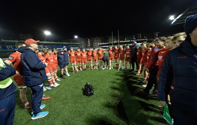 120226 - Dragons RFC U18 v Scarlets U18, WRU Regional Age Grade Championship 3rd and 4th place play off - The Scarlets team huddle up at the end of the match