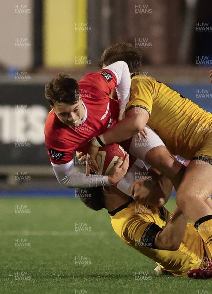 120226 - Dragons RFC U18 v Scarlets U18, WRU Regional Age Grade Championship 3rd and 4th place play off - Cole Inker of Scarlets is tackled