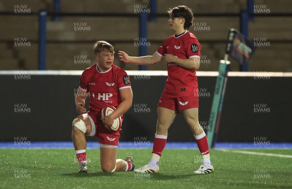 120226 - Dragons RFC U18 v Scarlets U18, WRU Regional Age Grade Championship 3rd and 4th place play off - Jac Cloke of Scarlets dives in to score try