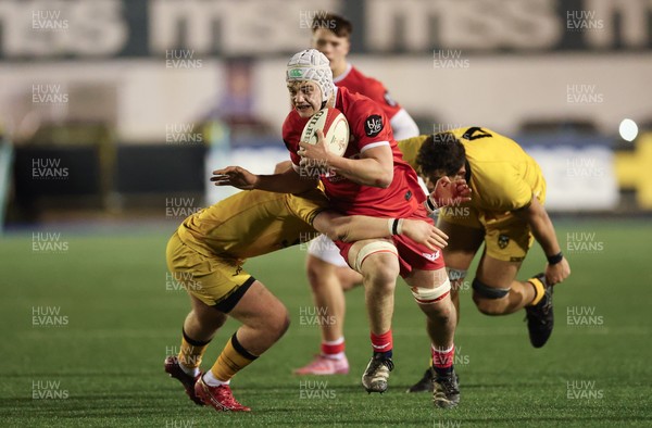 120226 - Dragons RFC U18 v Scarlets U18, WRU Regional Age Grade Championship 3rd and 4th place play off - Austin Sandford of Scarlets charges for the line