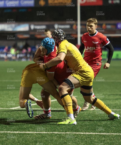 120226 - Dragons RFC U18 v Scarlets U18, WRU Regional Age Grade Championship 3rd and 4th place play off - Ryan Lanfear of Scarlets powers over to score try