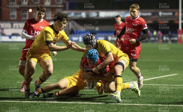 120226 - Dragons RFC U18 v Scarlets U18, WRU Regional Age Grade Championship 3rd and 4th place play off - Ryan Lanfear of Scarlets powers over to score try