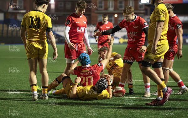 120226 - Dragons RFC U18 v Scarlets U18, WRU Regional Age Grade Championship 3rd and 4th place play off - Ryan Lanfear of Scarlets powers over to score try