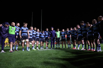 171025 - Dragons RFC v Cardiff Rugby - United Rugby Championship - Cardiff Rugby Interim Head Coach Corniel van Zyl speaks to the team at full time