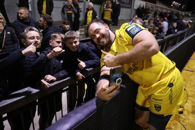 171025 - Dragons RFC v Cardiff Rugby - United Rugby Championship - Rodrigo Martinez of Dragons with fans at full time
