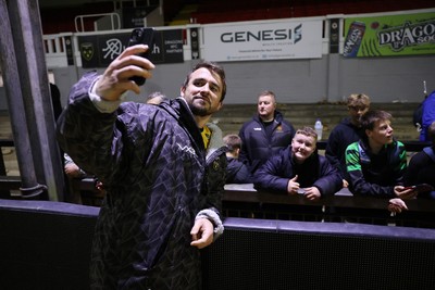171025 - Dragons RFC v Cardiff Rugby - United Rugby Championship - Rhodri Williams of Dragons with fans at full time