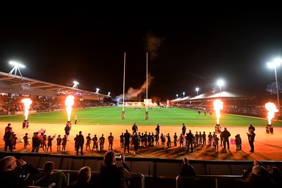 171025 - Dragons RFC v Cardiff Rugby - United Rugby Championship - Rodney Parade lit up with flames ahead of the match