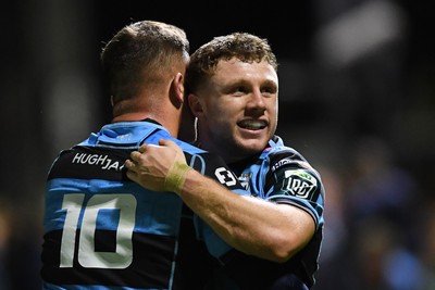 171025 - Dragons RFC v Cardiff Rugby - United Rugby Championship - Tom Bowen of Cardiff Rugby celebrates the win with Callum Sheedy of Cardiff Rugby at full time