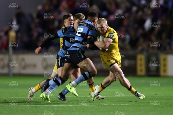 171025 - Dragons RFC v Cardiff Rugby - United Rugby Championship - Tinus de Beer of Dragons is tackled by Ben Thomas of Cardiff 