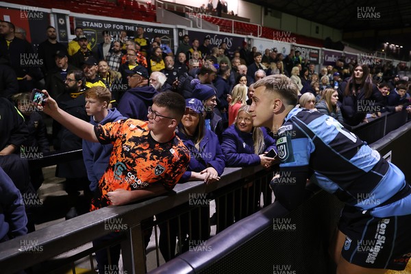 171025 - Dragons RFC v Cardiff Rugby - United Rugby Championship - Cameron Winnett of Cardiff with fans