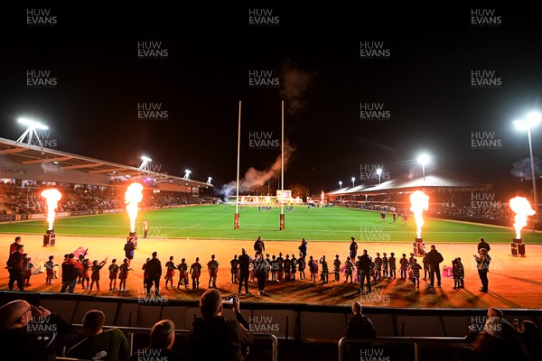 171025 - Dragons RFC v Cardiff Rugby - United Rugby Championship - Rodney Parade lit up with flames ahead of the match