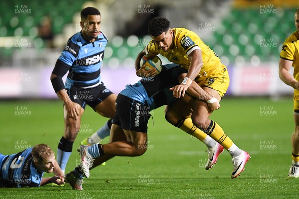 171025 - Dragons RFC v Cardiff Rugby - United Rugby Championship - Rio Dyer of Dragons is challenged by Aled Davies of Cardiff Rugby