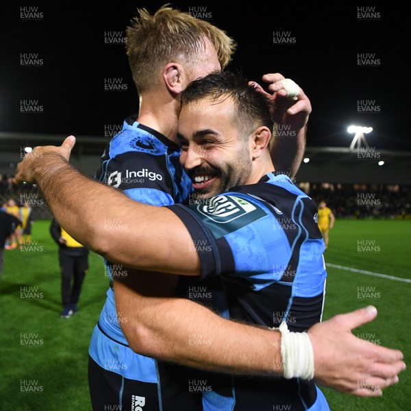 171025 - Dragons RFC v Cardiff Rugby - United Rugby Championship - Liam Belcher of Cardiff Rugby and Josh McNally of Cardiff Rugby celebrate the win at full time