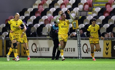 201225 - Dragons RFC v Connacht - United Rugby Championship - Rio Dyer of Dragons celebrates scoring a try