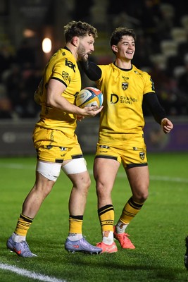 201225 - Dragons RFC v Connacht - United Rugby Championship - Thomas Young of Dragons scores a try but to is later disallowed