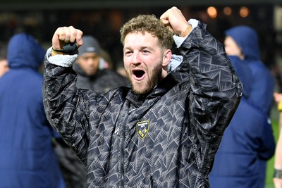 201225 - Dragons RFC v Connacht - United Rugby Championship - Angus O'Brien of Dragons celebrates the win at full time