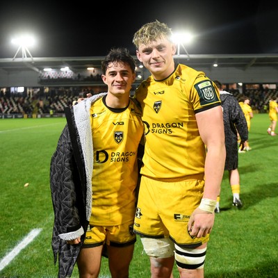 201225 - Dragons RFC v Connacht - United Rugby Championship - Che Hope of Dragons and Ryan Woodman of Dragons at full time