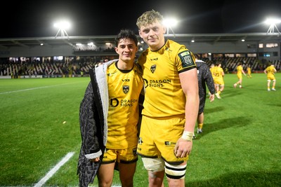 201225 - Dragons RFC v Connacht - United Rugby Championship - Che Hope of Dragons and Ryan Woodman of Dragons at full time