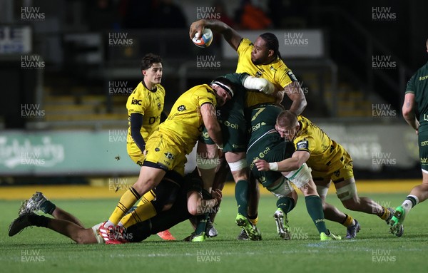 201225 - Dragons RFC v Connacht - United Rugby Championship - Levi Douglas of Dragons looks to offload the ball