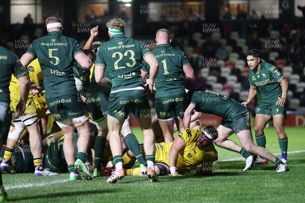 201225 - Dragons RFC v Connacht - United Rugby Championship - Dragons push over the line to score a try