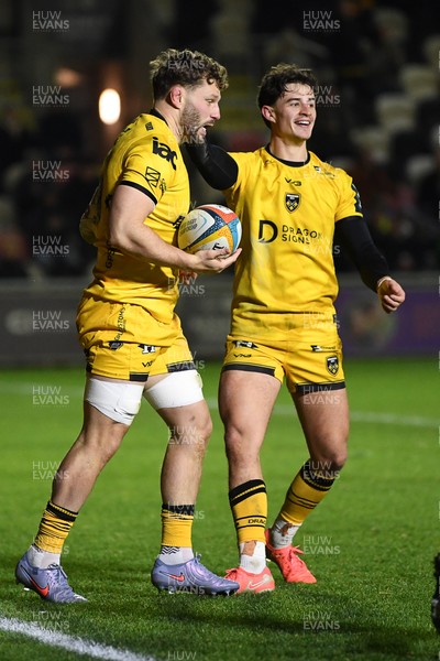 201225 - Dragons RFC v Connacht - United Rugby Championship - Thomas Young of Dragons scores a try but to is later disallowed