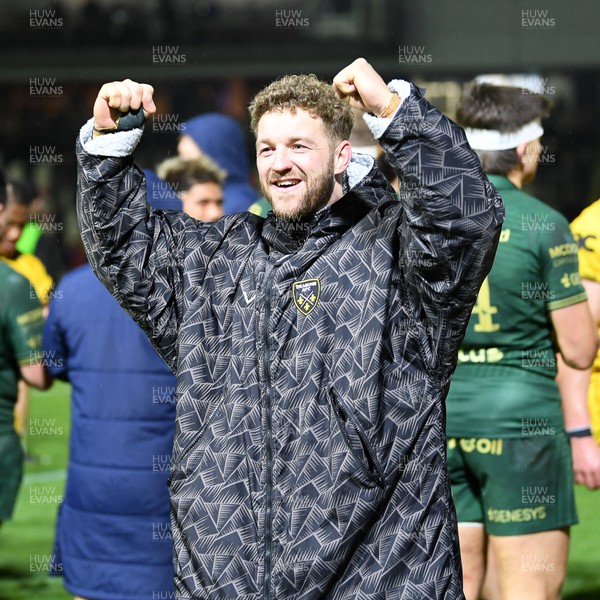 201225 - Dragons RFC v Connacht - United Rugby Championship - Angus O'Brien of Dragons celebrates the win at full time