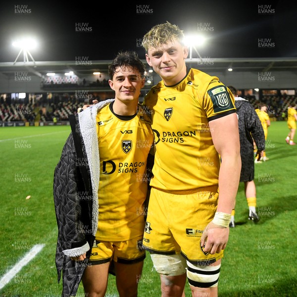201225 - Dragons RFC v Connacht - United Rugby Championship - Che Hope of Dragons and Ryan Woodman of Dragons at full time
