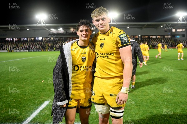 201225 - Dragons RFC v Connacht - United Rugby Championship - Che Hope of Dragons and Ryan Woodman of Dragons at full time