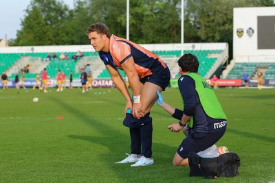 090526 - Dragons RFC v Edinburgh Rugby - United Rugby Championship - Duhan van der Merwe of Edinburgh receives treatment during the warm up before kick off