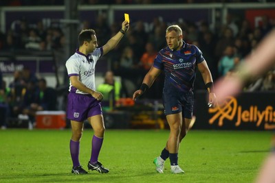 090526 - Dragons RFC v Edinburgh Rugby - United Rugby Championship - Dylan Richardson of Edinburgh is shown the yellow card by referee Filippo Russo