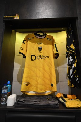 090526 - Dragons RFC v Edinburgh Rugby - United Rugby Championship - Aaron Wainwright’s jersey in the dressing room ahead of his 100th and final appearance for the Dragons