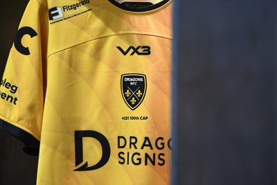 090526 - Dragons RFC v Edinburgh Rugby - United Rugby Championship - Aaron Wainwright’s jersey in the dressing room ahead of his 100th and final appearance for the Dragons