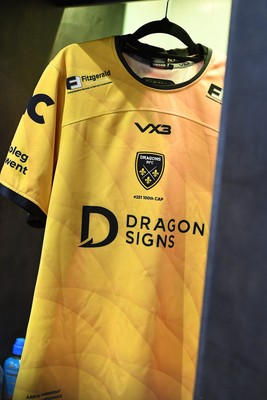090526 - Dragons RFC v Edinburgh Rugby - United Rugby Championship - Aaron Wainwright’s jersey in the dressing room ahead of his 100th and final appearance for the Dragons