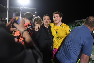 090526 - Dragons RFC v Edinburgh Rugby - United Rugby Championship - Brodie Coghlan of Dragons with fans at full time