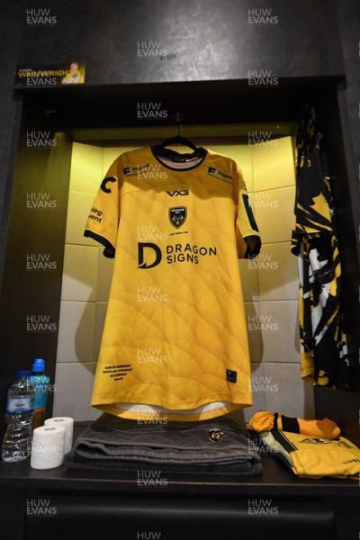 090526 - Dragons RFC v Edinburgh Rugby - United Rugby Championship - Aaron Wainwright’s jersey in the dressing room ahead of his 100th and final appearance for the Dragons