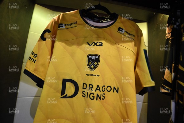 090526 - Dragons RFC v Edinburgh Rugby - United Rugby Championship - Aaron Wainwright’s jersey in the dressing room ahead of his 100th and final appearance for the Dragons