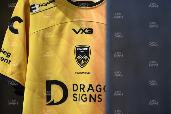 090526 - Dragons RFC v Edinburgh Rugby - United Rugby Championship - Aaron Wainwright’s jersey in the dressing room ahead of his 100th and final appearance for the Dragons