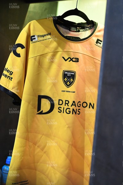 090526 - Dragons RFC v Edinburgh Rugby - United Rugby Championship - Aaron Wainwright’s jersey in the dressing room ahead of his 100th and final appearance for the Dragons