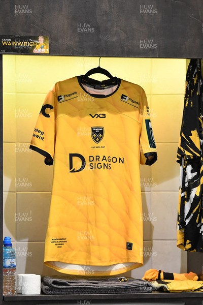 090526 - Dragons RFC v Edinburgh Rugby - United Rugby Championship - Aaron Wainwright’s jersey in the dressing room ahead of his 100th and final appearance for the Dragons