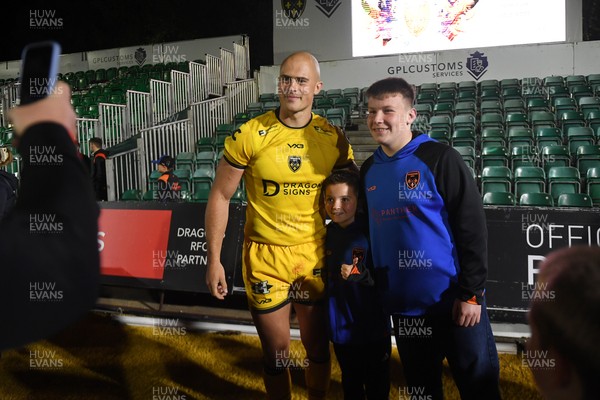 090526 - Dragons RFC v Edinburgh Rugby - United Rugby Championship - Jarred Rosser of Dragons with fans at full time