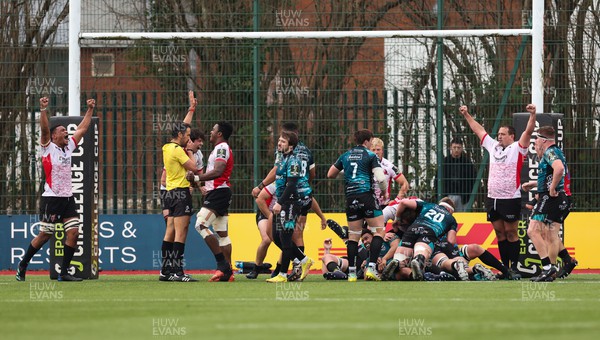 220123 - Dragons RFC v Emirates Lions, EPCR Challenge Cup - Lions players celebrate as they force a penalty on their own line to win the match