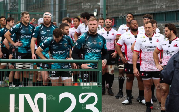 220123 - Dragons RFC v Emirates Lions, EPCR Challenge Cup - Ross Moriarty of Dragons prepares to lead the teams out at the start of the match