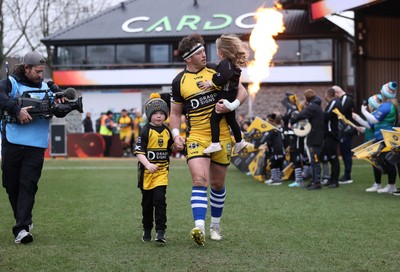 160225 - Dragons RFC v Glasgow Warriors - United Rugby Championship - James Benjamin of Dragons runs out on his 100th appearance for the Dragons